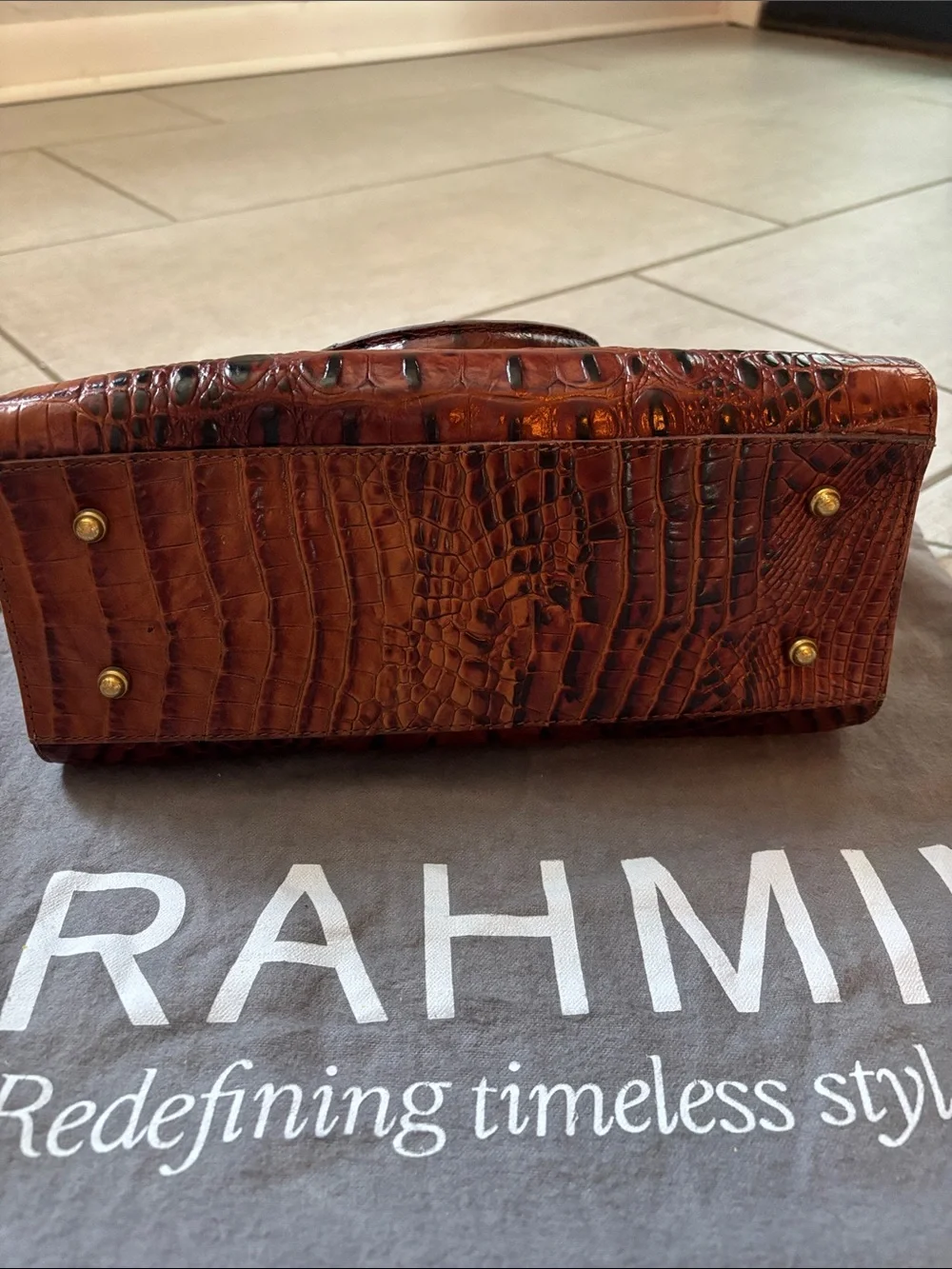 Brahmin Croc-Embossed Satchel in Pecan/Brown with Gold Hardware